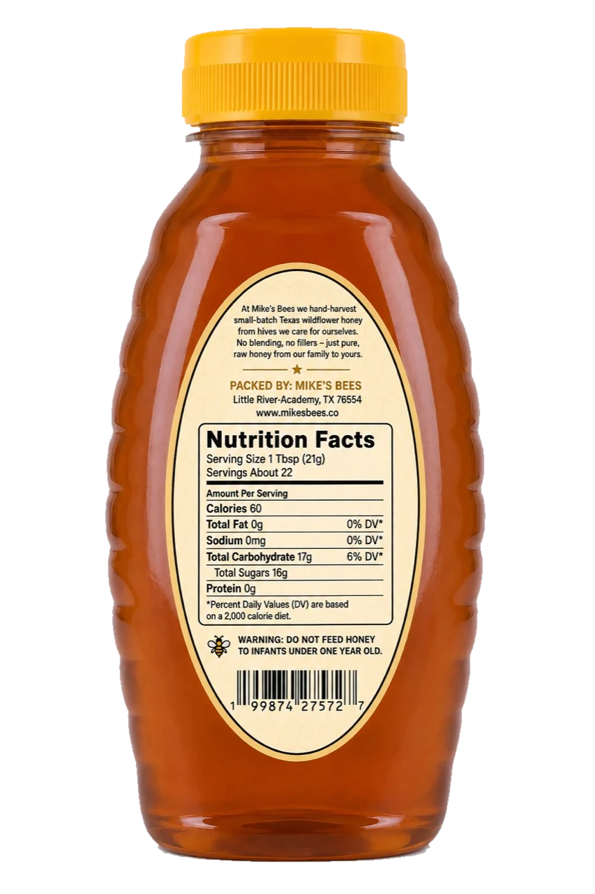 Back label and nutrition facts for Mike's Bees 16 oz Texas wildflower raw honey