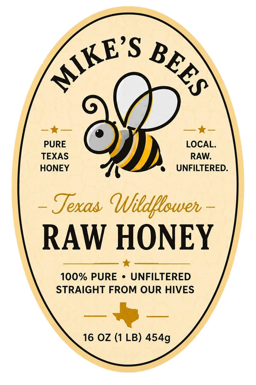 Mike's Bees 16 ounce Texas wildflower raw honey label